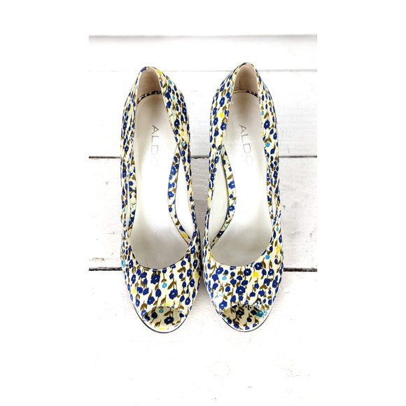Aldo satin pumps floral high heel peep toe platform heels 37 - Picture 2 of 6